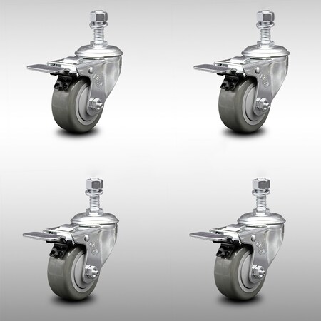 Service Caster 3.5 Inch SS Gray Polyurethane 1/2 Inch Threaded Stem Caster Set Total Lock Brake SCC-SSTSTTL20S3514-PPUB-121315-4